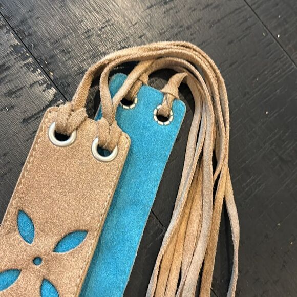 Vintage Tassel Genuine Leather Perforated Tan Brown Turquoise Western Boho Belt  main image 13